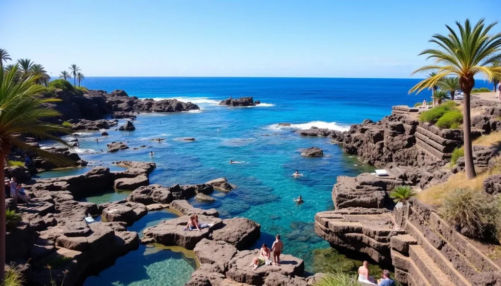 a scenic coastal landscape in the Canary Islands, with natural crystal-clear tidal pools carved into the rugged volcanic rock formations along the shore. A warm, sunny day with a gentle breeze, the pools reflect the vibrant blue of the Atlantic Ocean. People of various ages are leisurely swimming, lounging, and exploring the unique geological formations. Lush palm trees and other native vegetation frame the tranquil scene, creating a serene and inviting atmosphere. The image is captured from a slightly elevated angle, showcasing the stunning natural beauty of this captivating island destination.