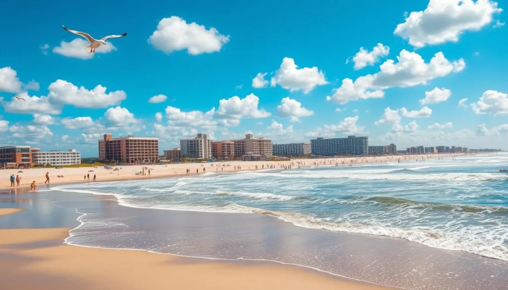 a scenic coastal landscape of Virginia Beach, Virginia on a sunny day. In the foreground, a wide sandy beach with people strolling, swimming, and sunbathing. In the middle ground, rolling waves lapping at the shore, with seagulls soaring overhead. In the background, a row of beachfront hotels and condos, their pastel facades shimmering in the warm sunlight. The sky is a brilliant blue, with fluffy white clouds drifting lazily above. The overall mood is one of tranquility and relaxation, capturing the essence of a quintessential East Coast beach town. Captured with a wide-angle lens to showcase the expansive vista, the image has a crisp, high-definition quality, with natural lighting that enhances the vibrant colors and textures of the scene.