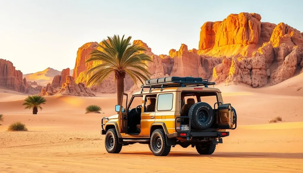 a scenic desert landscape in Libya, with iconic sand dunes and rocky outcroppings in the background, bathed in warm, golden sunlight. In the foreground, a well-equipped 4x4 vehicle stands ready for an adventurous journey, its doors open, inviting the viewer to embark on an immersive exploration of the country's natural wonders. The middle ground features a few palm trees swaying gently in the breeze, adding a touch of lush tranquility to the arid environment. The overall mood is one of rugged elegance and the promise of unforgettable travel experiences.