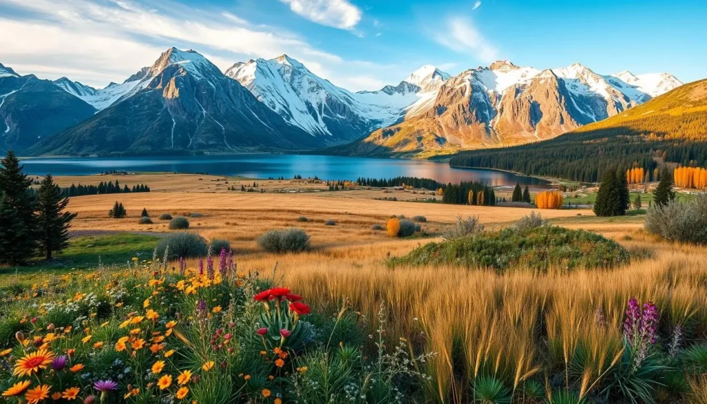 a scenic landscape of Argentina across the four seasons, captured with a wide-angle lens in natural lighting. In the foreground, lush meadows with vibrant wildflowers bloom in spring, giving way to golden wheat fields in summer. In the middle ground, snow-capped Andean peaks rise majestically, their rugged beauty reflected in crystal-clear alpine lakes. As the seasons change, the landscape transforms - fiery autumn foliage gives way to a winter wonderland blanketed in pristine white. Throughout, the overall mood is one of serene, awe-inspiring natural beauty.