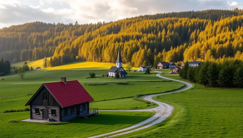 a scenic landscape of Estonia's countryside, featuring a charming rural village nestled among rolling hills and lush forests. In the foreground, a quaint, timber-framed farmhouse with a red roof and a neatly tended garden sits amidst a patchwork of verdant meadows. Meandering through the middle ground, a winding dirt road leads the eye toward a small, picturesque church with a distinctive steeple, surrounded by a scattering of colorful wooden houses. In the background, dense pine forests climb the gently sloping hills, their verdant canopies bathed in warm, golden sunlight filtering through wispy clouds. The scene exudes a sense of tranquility and rustic charm, capturing the essence of Estonia's captivating countryside.