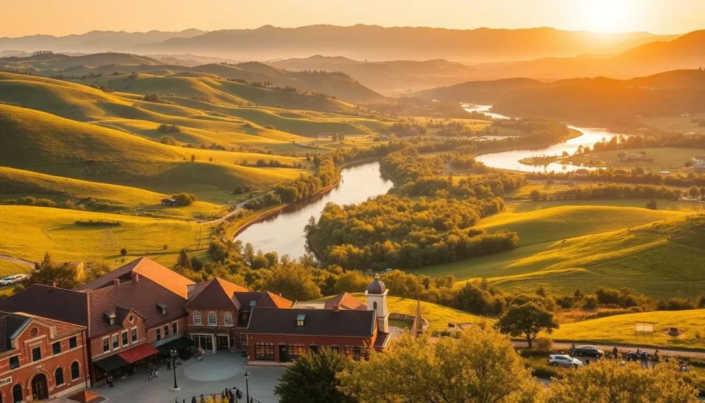 a scenic landscape of beautiful day trips from Irving, Texas, featuring rolling hills, lush green meadows, and a winding river cutting through the countryside. In the foreground, a quaint, historic town with charming brick buildings and a bustling main street. In the middle ground, families exploring hiking trails, picnicking by a tranquil lake, and enjoying outdoor activities. In the background, majestic mountains or hills, with a warm, golden-hour sun casting a soft, diffused light across the entire scene. The overall mood is one of relaxation, adventure, and the natural beauty that surrounds the city of Irving.