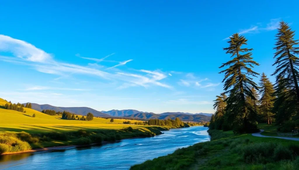 a scenic landscape of the Columbia River in Vancouver, Washington on a sunny day. a wide, placid river flows through a lush, green landscape, with rolling hills and mountains in the distance. tall, majestic pine trees line the riverbanks, casting long shadows. the sky is a brilliant blue, with a few wispy, white clouds. the lighting is warm and golden, creating a peaceful, serene atmosphere. the camera is positioned slightly elevated, capturing the tranquil beauty of the scene. the composition balances the natural elements, drawing the viewer's eye across the landscape.