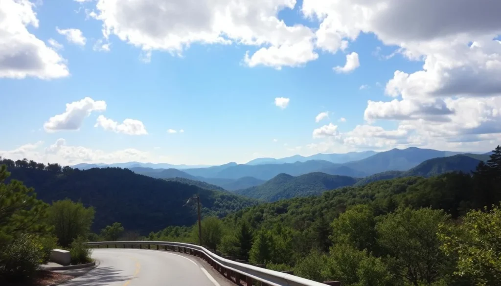a scenic landscape of the blue ridge parkway in north carolina, under a bright, clear sky with fluffy white clouds. in the foreground, a winding road with a guardrail curves through lush, verdant forests of deciduous trees. in the middle ground, rolling blue-tinged mountains rise up, their peaks partially obscured by wispy mist. the lighting is warm and golden, creating a sense of tranquility and natural beauty. the overall mood is one of peaceful exploration, inviting the viewer to discover the majesty of this iconic american drive.