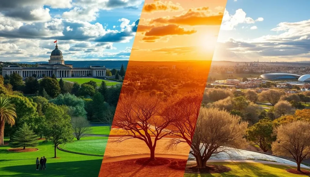 a seasonal landscape of Canberra, Australia, showcasing the diverse weather patterns throughout the year. a picturesque scene of the city's iconic landmarks, such as the Parliament House and the Australian War Memorial, set against a backdrop of changing skies and natural elements. in the foreground, a lush, verdant park with people engaging in outdoor activities, representing the mild and pleasant spring and autumn seasons. in the middle ground, a wintry scene with a light dusting of snow on the ground and bare trees, conveying the city's cool and crisp winter climate. in the distance, a panoramic view of the city under a vibrant, sun-dappled summer sky, capturing the warm and dry summer months. the lighting is natural and evocative, highlighting the unique character of each season. the overall composition is balanced and visually engaging, inviting the viewer to experience the seasonal charm of Canberra.