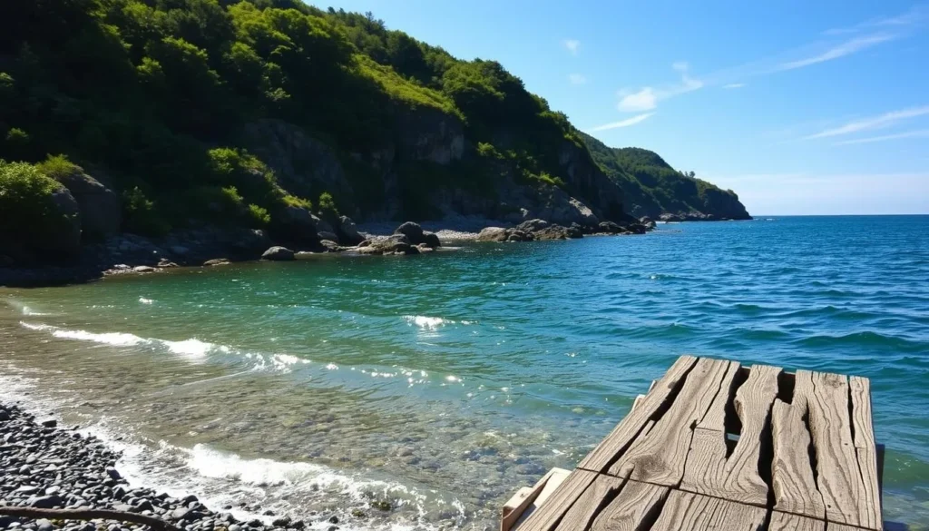 a serene cove in coastal Massachusetts, with crystalline waves lapping against a pebbled shoreline. Verdant cliffs rise in the background, their slopes dotted with lush, sun-dappled foliage. A gentle breeze ruffles the surface of the tranquil waters, which reflect the azure sky above. In the foreground, a weathered wooden dock juts out into the shimmering sea, inviting exploration of this hidden, picturesque corner of the state.