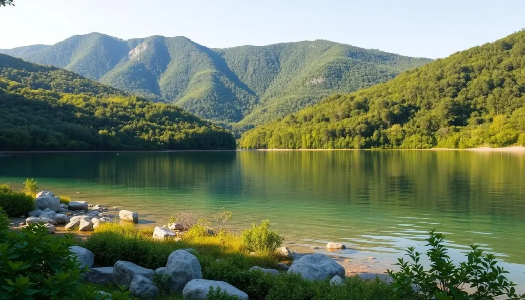 a serene landscape of Green River Lake in Kentucky, with crystalline waters reflecting the lush, verdant forests and rolling hills surrounding it. In the foreground, a pristine shoreline dotted with smooth boulders and lush vegetation. The middle ground features gently sloping banks covered in a tapestry of vibrant green foliage. In the background, majestic, densely forested hills rise up, creating a picturesque and tranquil scene. Soft, diffused natural lighting filters through the trees, casting a warm, golden glow over the entire landscape. Capture this idyllic, peaceful setting with a wide-angle lens to showcase the breathtaking scale and beauty of Green River Lake, Kentucky's hidden gem.