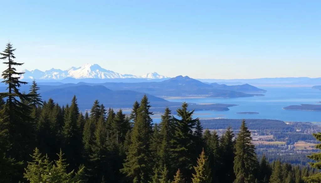 a stunning panoramic view of the diverse landscapes of Washington State, capturing the essence of the "Evergreen State". In the foreground, lush evergreen forests stretch out, their towering pine and fir trees swaying gently in the soft breeze. The middle ground reveals majestic snow-capped peaks of the Cascade Mountain Range, their jagged summits piercing the clear blue sky. In the distance, a vast expanse of glistening waters - the Puget Sound, dotted with picturesque islands and inlets. The scene is bathed in warm, golden sunlight, creating a sense of tranquility and natural wonder. This idyllic landscape showcases the geographical diversity that makes Washington State a true outdoor wonderland.
