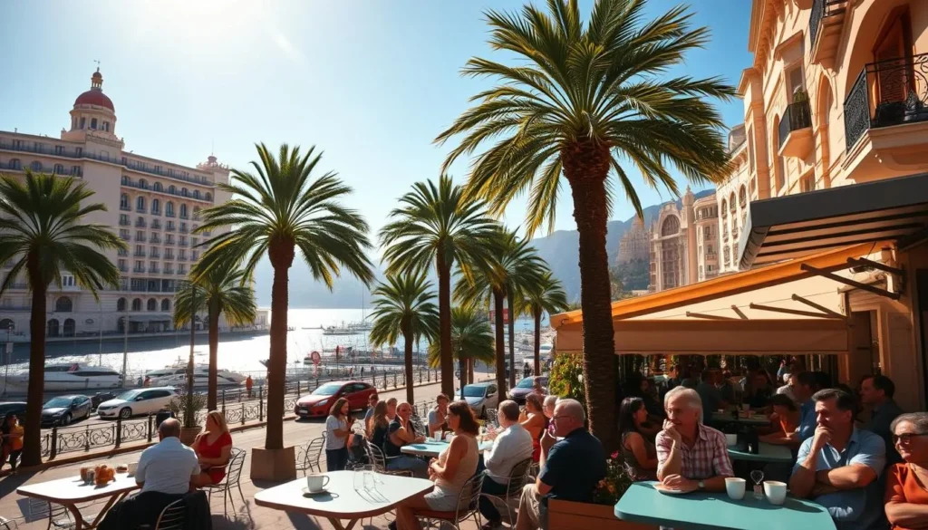 a sunny day in the heart of Monaco, with the iconic Monte-Carlo Casino and Hotel de Paris in the foreground, surrounded by lush palm trees and the sparkling Mediterranean Sea in the background. A busy sidewalk café with patrons enjoying coffee and croissants, with the iconic Opéra de Monte-Carlo visible in the distance. The scene is bathed in warm, golden sunlight, creating a vibrant and inviting atmosphere. The image is shot from a street-level perspective, capturing the energy and vibrancy of this picturesque principality.