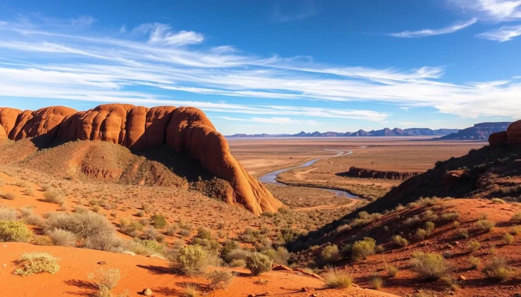 a vast desert landscape in Alice Springs, Northern Territory, Australia, with a dramatic red rock formation in the foreground, surrounded by sparse vegetation and a clear blue sky with wispy clouds. In the middle ground, a dry riverbed winds through the rugged terrain, and in the distance, hazy purple-red mountains rise up on the horizon. The scene is bathed in warm, natural sunlight, creating deep shadows and highlights that accentuate the textures and shapes of the environment. The overall mood is one of serene isolation and the majestic, timeless quality of the Australian outback.