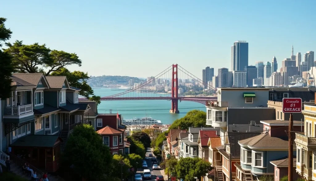 a vibrant cityscape showcasing the distinct neighborhoods of San Francisco on a sun-dappled day. in the foreground, cable cars wind up steep hills, weaving through charming Victorian homes and bustling cafes. in the middle ground, the iconic Golden Gate Bridge spans the bay, its rust-colored towers reaching towards a clear azure sky. further back, the skyscrapers of downtown San Francisco rise above the hilly terrain, their glass facades gleaming. the scene captures the unique character and energy of this beloved California city.