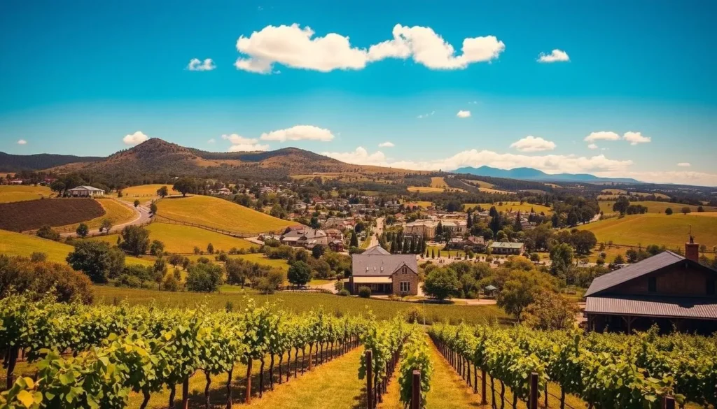 a vibrant landscape of rolling hills, lush vineyards, and azure skies in South Australia during the perfect time to visit, bathed in warm, golden sunlight that casts a serene, inviting ambiance. In the foreground, a picturesque winery with rows of grapevines leading towards a charming tasting room. In the middle ground, a quaint town nestled among the verdant countryside, its historic buildings and tree-lined streets beckoning exploration. In the distance, the majestic silhouettes of the Adelaide Hills rise up, their peaks touched by fluffy white clouds. The overall scene conveys the idyllic, tranquil essence of the best season to discover South Australia's natural beauty and vibrant local culture.