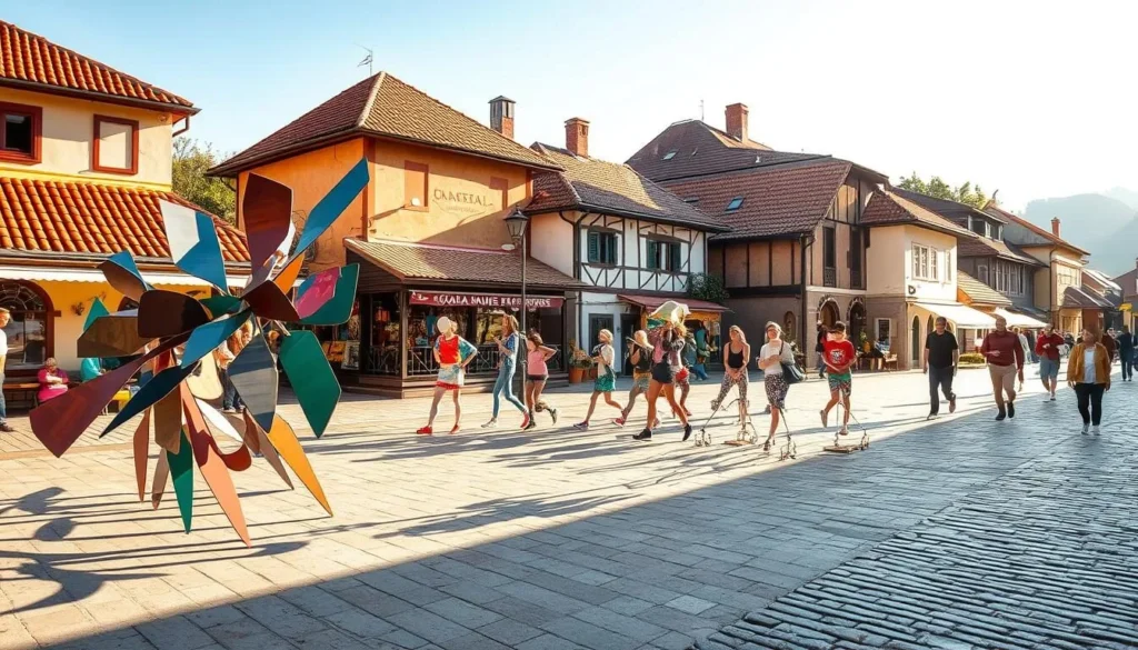 a vibrant outdoor art installation in a scenic Bulgarian town, featuring bold, colorful sculptures and kinetic structures that capture the energy and creativity of the local arts community. The foreground showcases a large, abstract metal sculpture that casts dynamic shadows across the ground, while in the middle ground, a group of whimsical, playful art pieces made from recycled materials engage passersby. The background features traditional Bulgarian architecture, with terracotta roofs and quaint cobblestone streets, bathed in warm, golden sunlight that creates a welcoming, festive atmosphere. The scene conveys a sense of community, cultural pride, and a celebration of artistic expression.