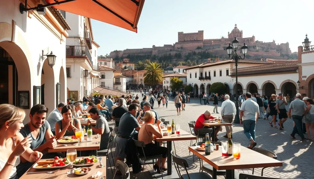 a vibrant outdoor dining scene in the historic center of Granada, Spain, on a sunny afternoon. The foreground features a lively tapas bar with patrons enjoying traditional Spanish small plates and refreshing drinks. Middle ground showcases the charming cobblestone streets and whitewashed buildings of the Albaicín neighborhood, with locals and tourists strolling by. In the background, the iconic Alhambra palace complex sits atop a hill, its reddish-brown walls and towers visible in the distance. Warm Mediterranean light bathes the scene, creating a welcoming and authentic atmosphere. Cinematic, wide-angle lens captures the energy and essence of Granada's renowned food culture and vibrant urban landscape.