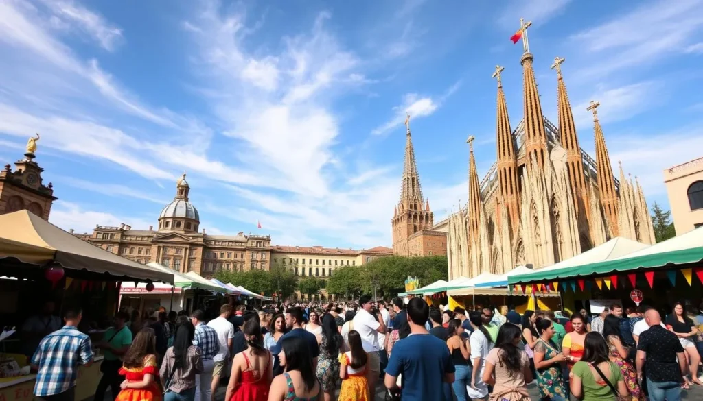 a vibrant outdoor festival in Barcelona, Spain on a sunny day. In the foreground, a lively crowd of people dressed in colorful traditional attire dance to the beat of live music. Vendors sell local street food and artisanal crafts. In the middle ground, ornate Catalan architecture and iconic landmarks like La Sagrada Familia create a picturesque backdrop. The sky is a brilliant blue, with soft clouds drifting overhead, and the lighting is warm and natural. The overall atmosphere is one of joyous celebration, cultural heritage, and community.