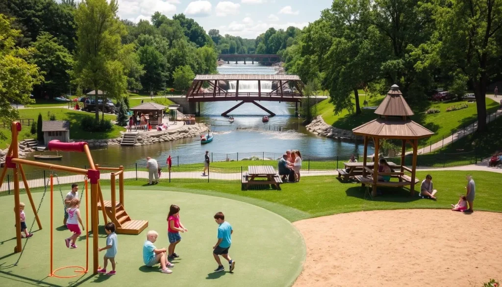 family-friendly attractions at iowa falls, iowa on a sunny day with lush green landscapes, a scenic river, and various outdoor recreational activities such as fishing, kayaking, and hiking trails. in the foreground, children playing on a playground with swings, slides, and a climbing structure. in the middle ground, a picnicking area with families enjoying a meal together. in the background, a historic covered bridge and the iowa falls waterfall, creating a picturesque and serene atmosphere. the image should be captured with a wide-angle lens to showcase the breadth of the attractions, with warm, natural lighting that enhances the vibrant colors and creates a welcoming, family-oriented vibe.