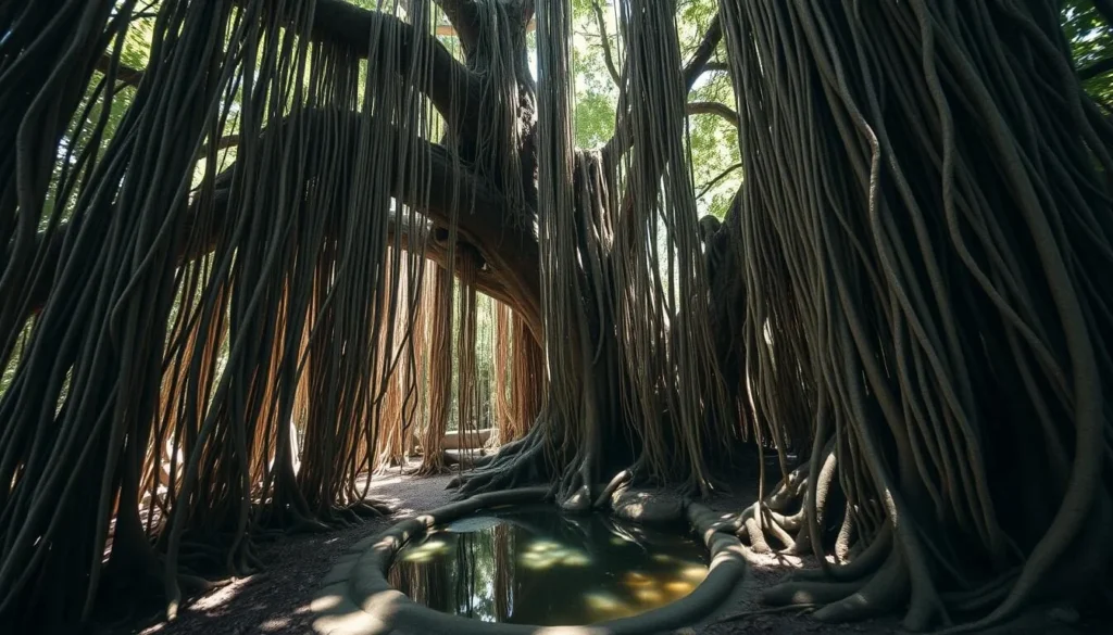 400-year-old Balete Tree with hanging roots and fish spa pool at its base in Siquijor