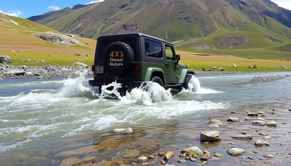 4x4 jeep crossing a stream in Deosai National Park showing the rugged terrain
