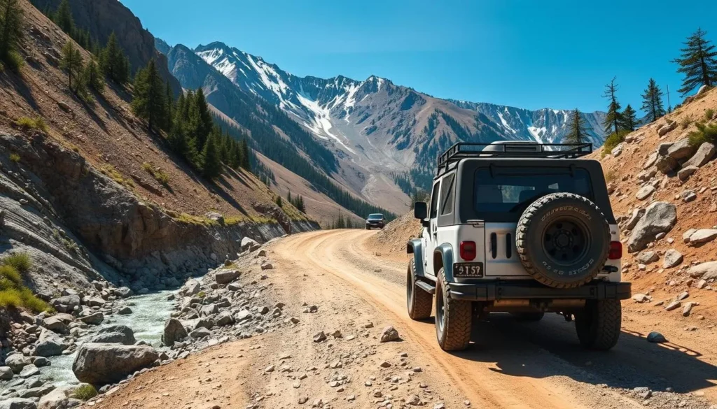 4x4 jeep traveling on the rugged mountain road to Kumrat Valley, Pakistan with scenic views of the surrounding landscape