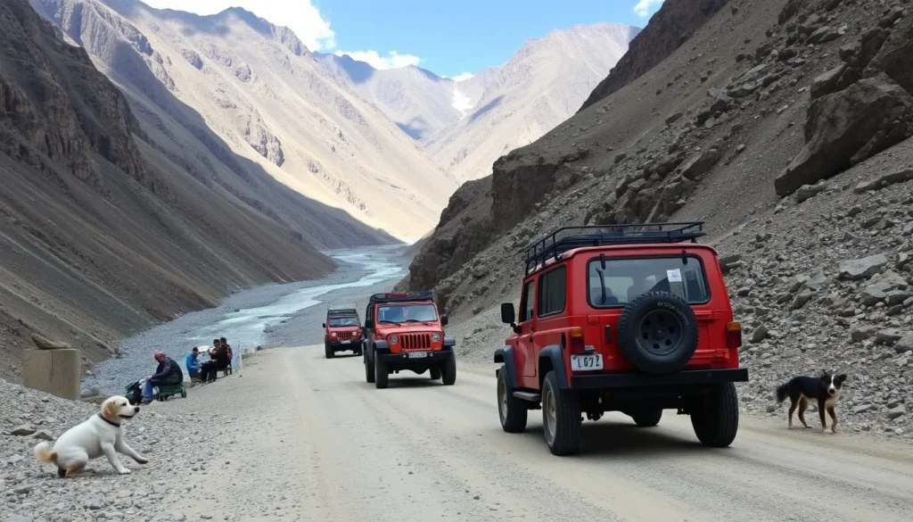 4x4 jeeps traveling on the rugged road through Braldu Gorge en route to Askole