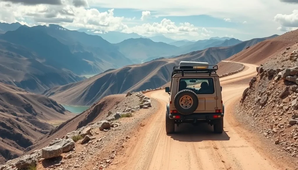 4x4 vehicle traversing the rugged mountain road to Shandur Pass with scenic valley views