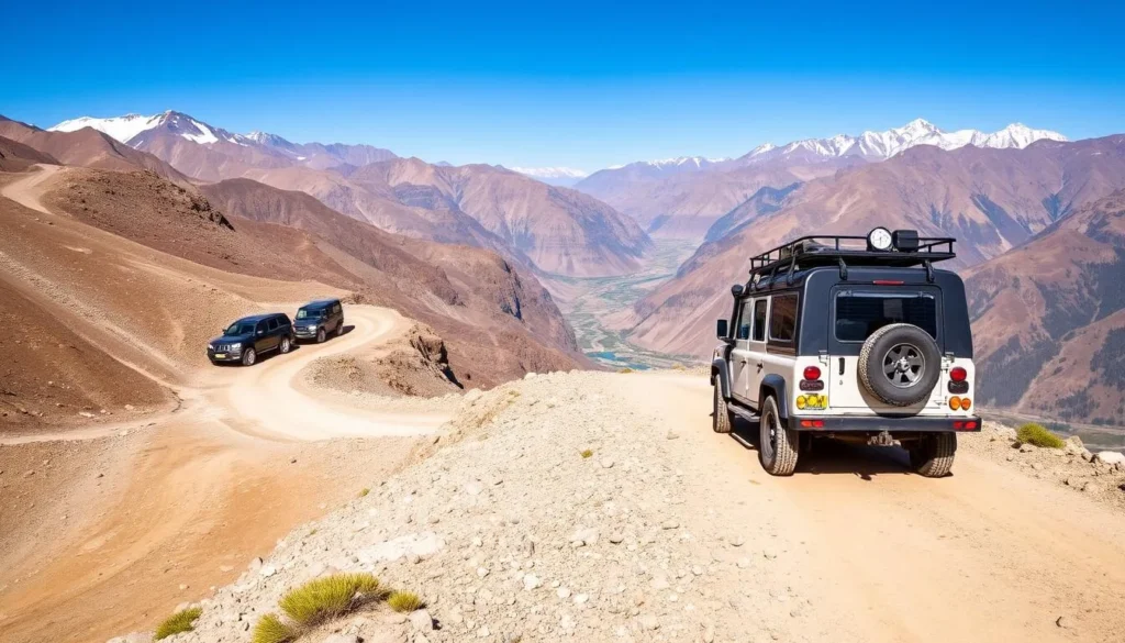 A 4x4 jeep driving on a rugged mountain road near Skardu with dramatic landscape views