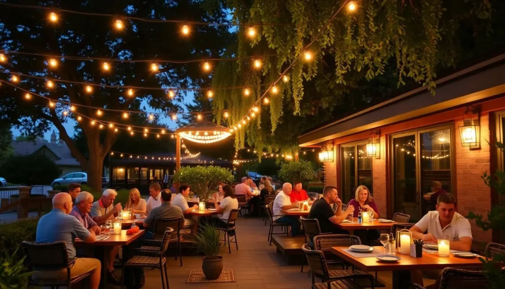 A Metairie restaurant patio with diners enjoying meals outdoors on a pleasant evening