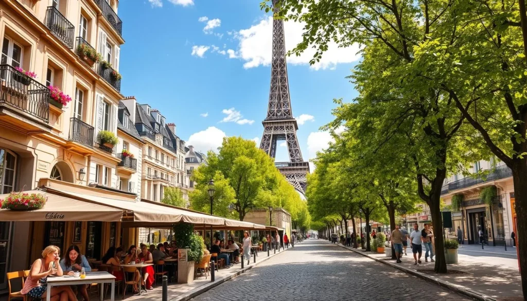 A Parisian summer scene: Sunlight-dappled cobblestone streets flanked by historic buildings, their facades adorned with wrought-iron balconies and window boxes bursting with vibrant flowers. In the foreground, a charming café terrace bustles with locals and tourists sipping espresso and enjoying a leisurely lunch. The middle ground features the iconic silhouette of the Eiffel Tower, its latticed structure gleaming against a cloudless azure sky. Lush chestnut trees line the promenade, their verdant canopies providing welcome shade. An ambiance of joie de vivre and relaxation permeates the warm, gentle atmosphere.