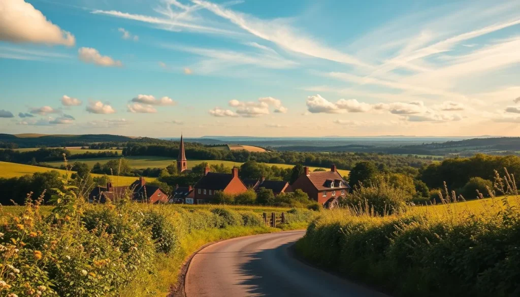 A beautiful day trip from the London Borough of Redbridge, showcasing a charming English countryside landscape. In the foreground, a winding country lane bordered by lush green hedgerows and wildflowers. In the middle ground, rolling hills and a quaint village with traditional red-brick houses and a church steeple. The background features a distant horizon of woodlands and a clear, azure sky with fluffy, wispy clouds. The scene is bathed in warm, golden sunlight, creating a serene and inviting atmosphere. Capture this idyllic day trip destination with a wide-angle lens to emphasize the expansive, picturesque countryside.