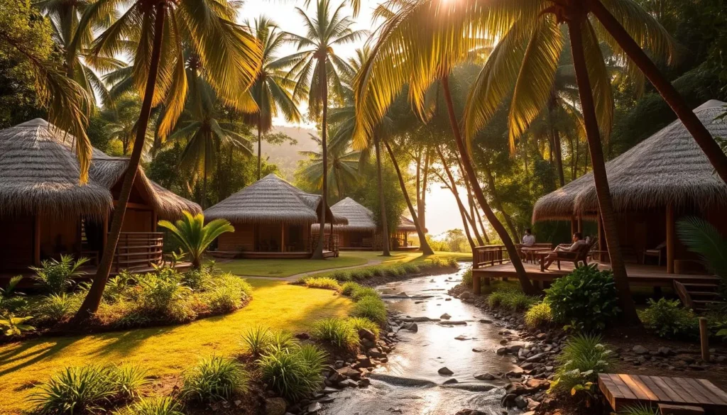 A beautiful eco-lodge nestled in the lush, verdant landscape of Galibi, Suriname. The thatched-roof bungalows blend seamlessly with the surrounding nature, their earthy tones and organic forms reflecting the region's indigenous design. Sunlight filters through the dense canopy of palm trees, casting a warm, golden glow over the scene. In the foreground, a tranquil stream winds its way through the property, its gentle waters reflecting the serene atmosphere. Guests can be seen relaxing on the wooden decks, taking in the stunning views of the nearby coastline and the Marowijne River. The overall mood is one of rustic elegance and a deep connection to the natural world.