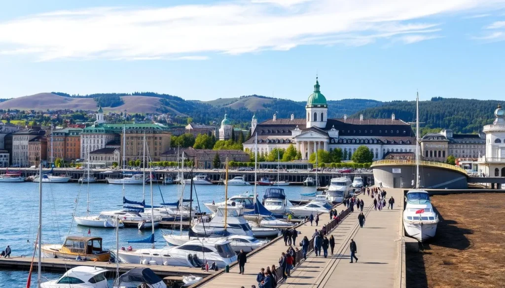 A beautiful sunny day in Helsinki, Finland. A panoramic view of the bustling harbor with fishing boats and yachts docked along the quaint wooden piers. In the foreground, people stroll along the promenade, enjoying the mild weather and taking in the breathtaking scenery of the Baltic Sea. In the middle ground, the iconic Helsinki Cathedral and its distinctive green copper domes stand tall, reflecting the warm sunlight. The background features the rolling hills and lush forests that surround the city, creating a picturesque and serene landscape. Utilize a wide-angle lens to capture the full scope of this weather-savvy destination.