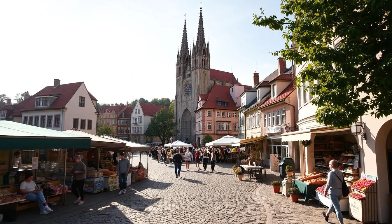 A beautiful town square in the historic town of Caslav, Czechia, on a pleasant sunny day. In the foreground, a lively open-air market with local vendors selling fresh produce, handcrafted goods, and baked treats. Cobblestone streets wind through the middle ground, lined with charming pastel-colored buildings with red-tiled roofs. In the background, the spires of a majestic medieval church tower over the scene, casting long shadows across the square. People stroll leisurely, enjoying the vibrant atmosphere and the warm, golden light of the day. A quaint, timeless European town center, full of character and local culture.