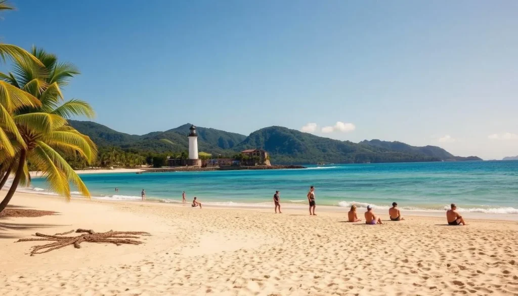 A beautiful tropical beach on Ilha do Farol, Brazil, with crystal-clear turquoise waters and swaying palm trees. In the foreground, a group of travelers relaxing on the soft, golden sand, enjoying the warm sun and gentle breeze. In the middle ground, a picturesque lighthouse stands tall, guiding ships along the coast. The background features lush, verdant hills and a cloudless azure sky. The scene is bathed in a warm, golden light, creating a serene and inviting atmosphere. Capture the essence of this idyllic island paradise, showcasing the practical tips for visiting Ilha do Farol.