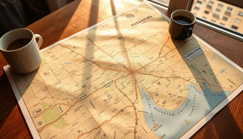 A beautifully crafted map of Norrköping, Sweden, sprawled across a wooden table. Sunlight filters through the window, casting a warm glow on the detailed landmarks and points of interest. The map is annotated with handwritten notes, indicating recommended routes and must-see attractions. A cup of coffee sits nearby, hinting at the thoughtful planning taking place. The scene evokes a sense of adventure and exploration, perfect for curating the perfect Norrköping itinerary.