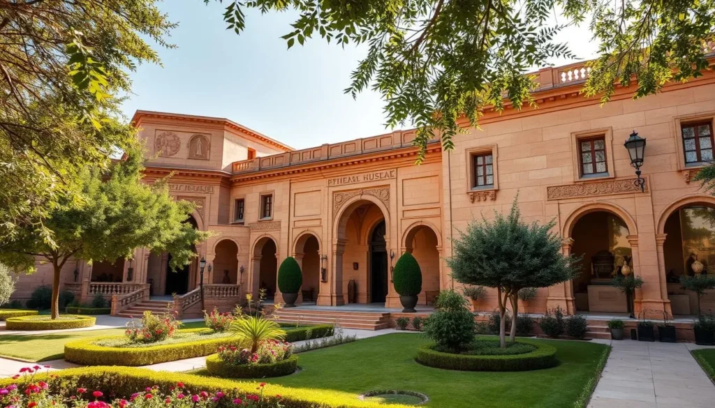 A beautifully preserved ancient museum nestled in the heart of Hamah, Syria. The grand sandstone facade glows warmly under the midday sun, its intricate carvings and arched entryways inviting visitors to step inside. The lush, well-manicured gardens surrounding the museum provide a serene counterpoint, dotted with fragrant blooms and shady trees. Through the large windows, one can glimpse the museum's impressive collection of historical artifacts, ranging from ancient pottery to ornate stone carvings, all bathed in soft, natural light. The overall atmosphere evokes a sense of timeless wonder, transporting onlookers to the rich cultural heritage of this captivating region.