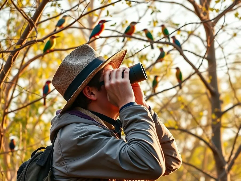 A birdwatcher with binoculars observing colorful birds in Bhawal National Park