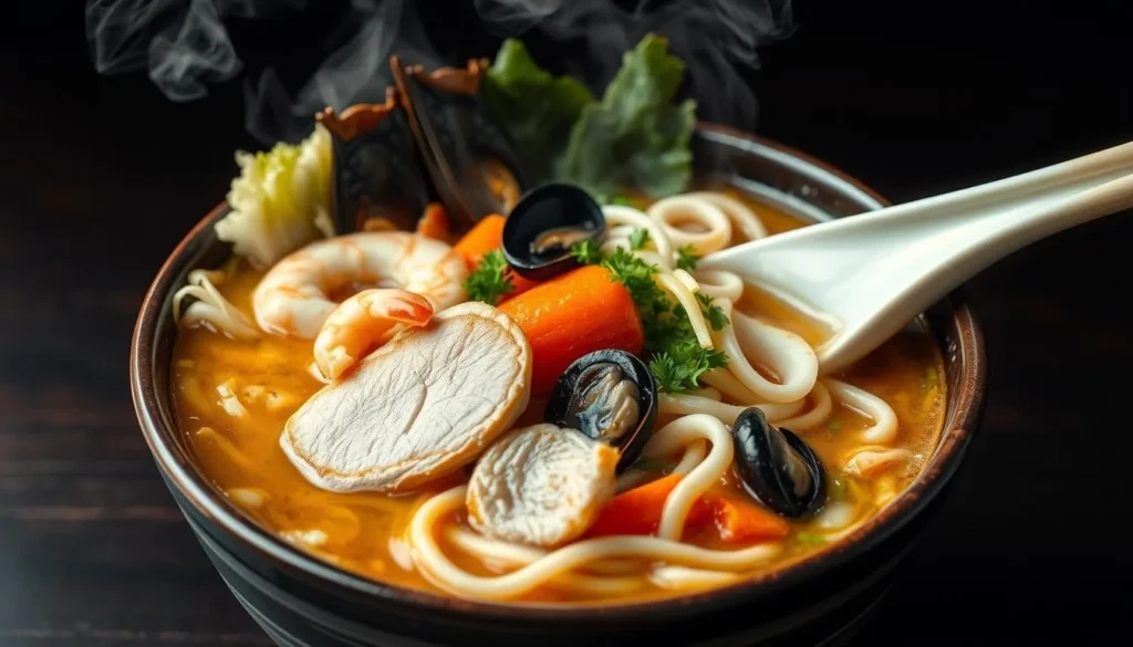 A bowl of Nagasaki champon noodle soup with seafood, vegetables, and pork toppings