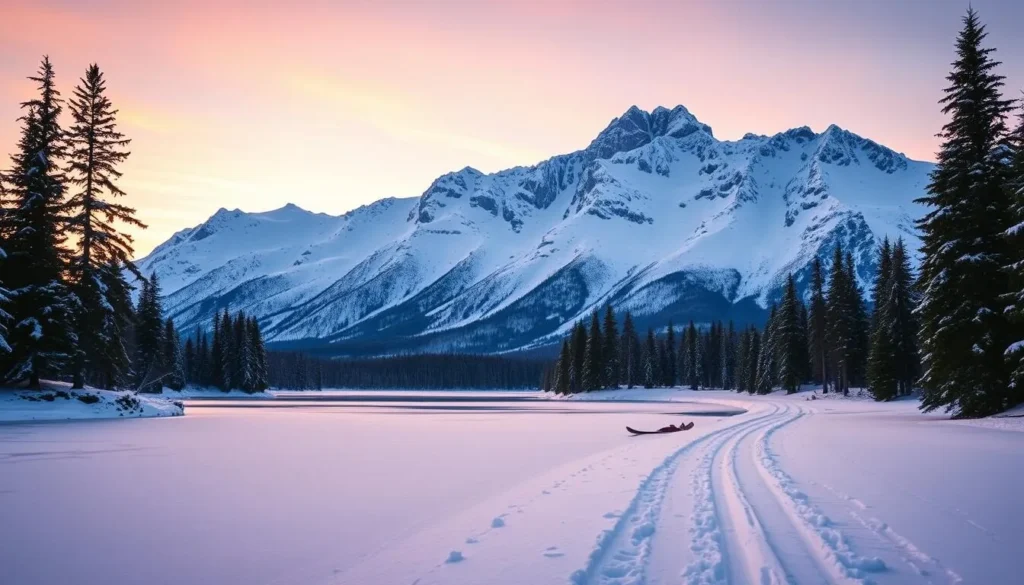 A breathtaking Jotunheimen winter landscape, with towering snow-capped peaks rising majestically against a crisp, clear sky. In the foreground, a frozen lake reflects the vibrant colors of the sunset, its surface dotted with delicate ice crystals. Tall, stately pine trees line the shore, their branches laden with fresh snow. In the middle ground, a well-groomed ski trail winds through the pristine, powdery snow, inviting visitors to explore the serene, untouched beauty of this Norwegian wonderland. The overall scene exudes a sense of tranquility and wonder, perfectly capturing the essence of winter in the Jotunheimen region.