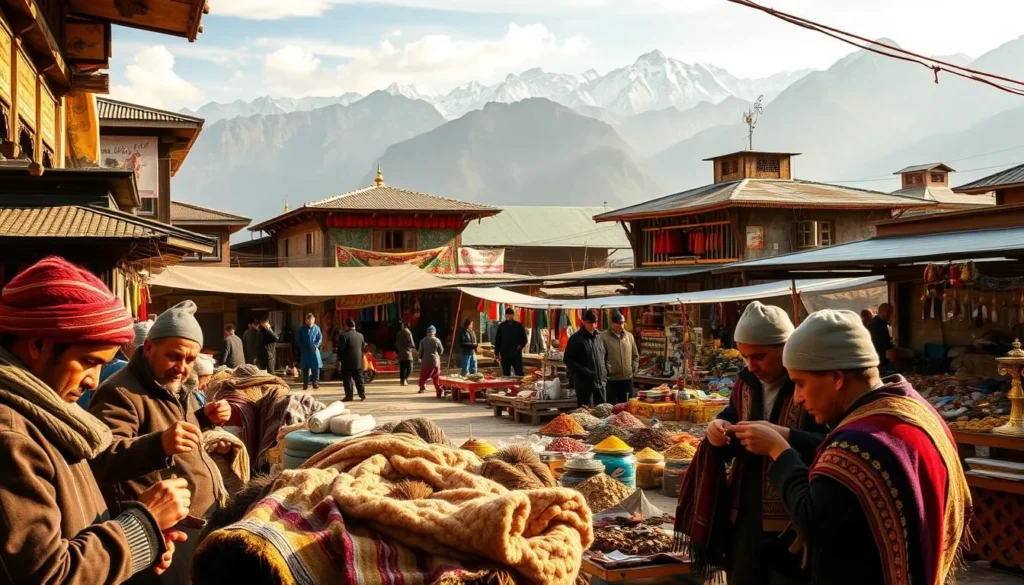 A breathtaking Kashmiri cultural heritage scene set on a picturesque day. In the foreground, a group of local artisans meticulously craft intricate woolen shawls, their hands moving with practiced precision. In the middle ground, a traditional Kashmiri marketplace bustles with activity, vibrant stalls displaying an array of vibrant textiles, brass trinkets, and aromatic spices. In the background, the majestic Himalayan peaks rise, their snow-capped summits casting a serene glow over the entire landscape. Warm, soft lighting bathes the scene, creating a sense of timeless beauty and tranquility.