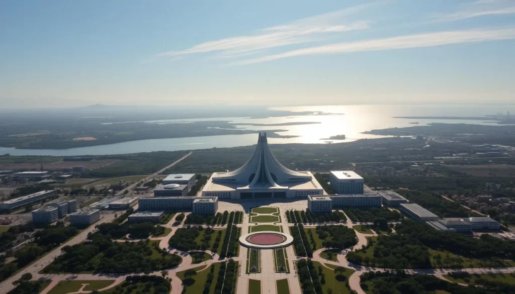 A breathtaking aerial view of Brasilia, the modernist capital of Brazil, on a sunny day. In the foreground, the iconic Niemeyer-designed National Congress building stands tall, its curved concrete forms casting dramatic shadows. In the middle ground, the Esplanada dos Ministérios unfolds, a grand avenue lined with sleek government buildings and meticulously landscaped gardens. In the background, the serene Lake Paranoá glistens, framed by the undulating hills of the Cerrado biome. Capture the bold, geometric architecture, the play of light and shadow, and the harmonious integration of the built environment with the natural landscape that defines Brasilia's unique aesthetic.