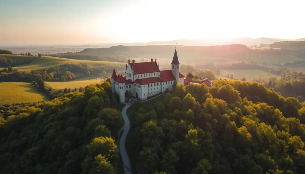 A breathtaking aerial view of Karlstejn Castle, nestled amidst the lush, rolling hills of the Czech countryside. The imposing Gothic structure stands tall, its distinctive red-tiled roofs and majestic towers catching the warm rays of the midday sun. In the foreground, a winding path leads visitors through a verdant forest, inviting them to explore the castle's rich history and enchanting surroundings. The scene is bathed in a soft, golden light, creating a serene and inviting atmosphere, perfect for an unforgettable day trip to this picturesque medieval gem.