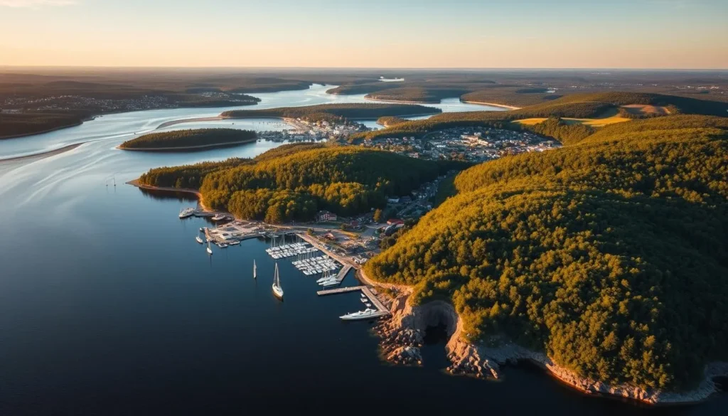 A breathtaking aerial view of Lidingö Island, Sweden's hidden gem, on a serene summer day. Capture the lush, rolling hills and dense forests that blanket the landscape, interrupted by the winding waterways and tranquil bays that dot the coastline. Showcase the picturesque harbors, dotted with sailboats and dotting the island's periphery. Highlight the island's unique geography, with rocky cliffs and sandy beaches contrasting the verdant inland areas. Employ a cinematic, wide-angle lens to convey the scale and grandeur of this idyllic Swedish retreat, bathed in warm, golden light. Evoke a sense of tranquility and natural splendor, inviting the viewer to explore this enchanting island destination.