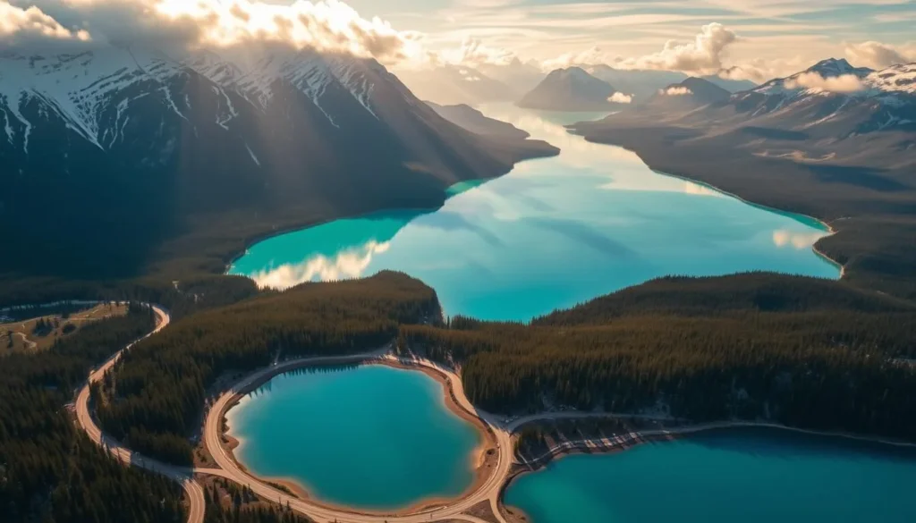 A breathtaking aerial view of Peyto Lake, nestled amidst the majestic Canadian Rockies in Banff National Park, Alberta. The crystal-clear, turquoise-blue waters reflect the snow-capped peaks and lush, evergreen forests surrounding the lake. Warm, golden sunlight filters through wispy clouds, casting a serene, magical glow over the picturesque landscape. The camera is positioned high above, capturing the stunning vista in its entirety - the winding roads, the rugged mountain trails, and the awe-inspiring natural beauty that makes Peyto Lake a true gem of the region.
