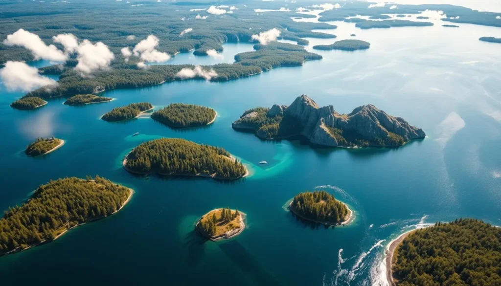 A breathtaking aerial view of a serene lake archipelago nestled in the heart of Sweden's lush, untamed wilderness. Emerald islands dot the glimmering azure waters, their shores fringed with towering pines and birches that cast dancing shadows on the surface. Sunlight filters through wispy clouds, illuminating the rugged granite cliffs that rise majestically from the tranquil depths. A sense of timeless, unspoiled beauty pervades the scene, inviting the viewer to explore this hidden gem of Sweden's newest national park.