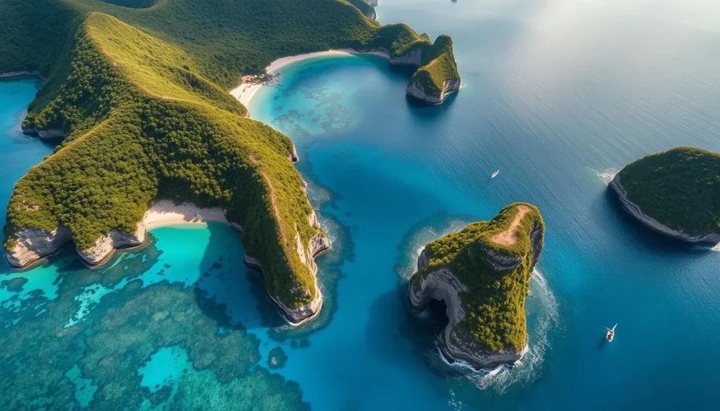 A breathtaking aerial view of the Fernando de Noronha Marine National Park, Brazil. Lush, verdant islands dotted with pristine beaches and turquoise waters, surrounded by a vibrant coral reef teeming with diverse marine life. Capture the serene, sun-dappled scene with a wide-angle lens, highlighting the park's natural beauty and dramatic cliffs. Convey a sense of tranquility and wonder, with a soft, diffused lighting that enhances the tropical atmosphere. Showcase the park's unique geological formations and the harmony between land and sea, inviting the viewer to immerse themselves in this protected natural paradise.