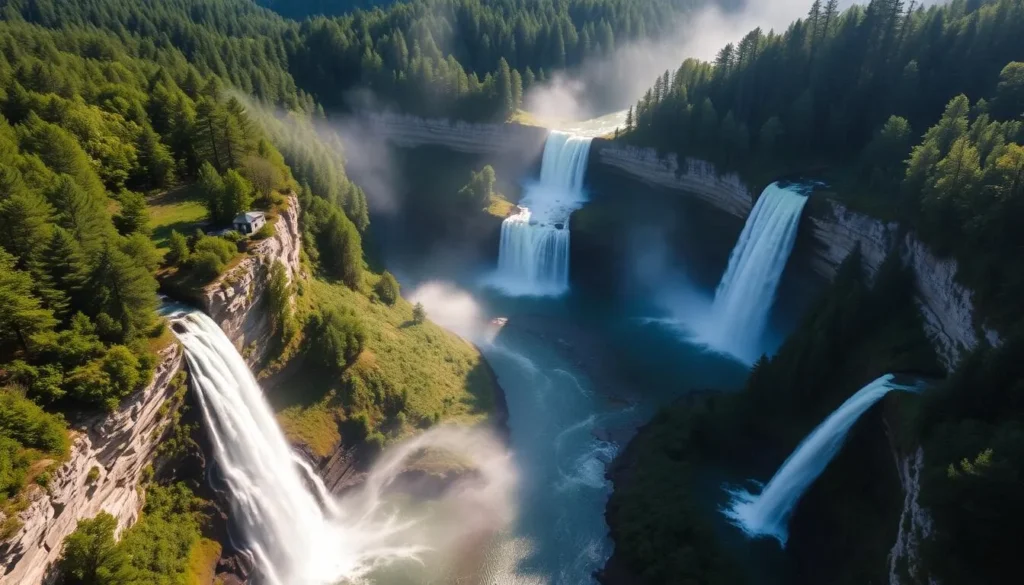 A breathtaking aerial view of the Letchworth State Park waterfalls, cascading over the rugged cliffs in a stunning display of nature's power. The three main waterfalls - Upper, Middle, and Lower - are captured in a serene landscape, with the Genesee River winding through the lush, verdant gorge. Sunlight filters through the mist, casting a soft, ethereal glow over the scene. The waterfalls appear to be surrounded by dense, towering trees, creating a sense of tranquility and isolation. The overall composition conveys the grandeur and magnificence of this natural wonder, inviting the viewer to immerse themselves in the beauty of Letchworth's renowned waterfalls.