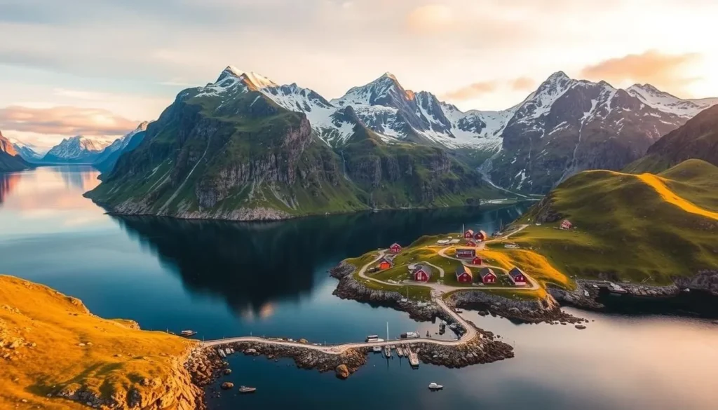 A breathtaking aerial view of the Lofoten Islands in Norway, with its dramatic peaks and fjords bathed in warm golden light. The rugged, snow-capped mountains rise majestically from the deep blue waters, reflected in the calm surface like a mirror. Lush green slopes dotted with traditional red cabins lead down to the rocky shoreline, where small fishing boats dot the harbor. A wide-angle lens captures the vast, expansive landscape, showcasing the natural beauty and grandeur of this stunning Nordic region.