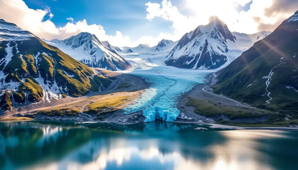 A breathtaking aerial view of the Svartisen Glacier in Norway, surrounded by majestic mountains and pristine snow-capped peaks. The glacier's vibrant blue hues contrast beautifully with the crisp, white snow and the lush, verdant slopes. Sunlight filters through the clouds, casting a warm, golden glow over the serene landscape. In the foreground, a tranquil glacial lake reflects the stunning scenery, creating a mirror-like effect. The middle ground features the glacier's intricate patterns and crevasses, showcasing the power and beauty of this natural wonder. The background is dominated by the towering, rugged mountains that frame the scene, exuding a sense of grandeur and awe. Capture the essence of this breathtaking Norwegian landscape in a high-quality, photorealistic image.
