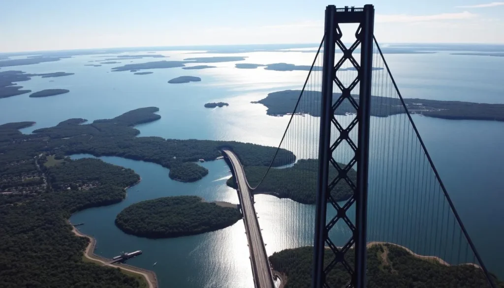 A breathtaking aerial view of the Thousand Islands Bridge, its iconic arched spans elegantly bridging the majestic St. Lawrence River. Brilliant sunshine bathes the scene, casting a warm glow on the verdant islands dotting the waterway below. In the foreground, the bridge's graceful steel structure stands tall, its intricate lattice work casting delicate shadows. The middle ground reveals the rolling hills and dense forests of the Thousand Islands region, while the distant horizon is framed by the glittering expanse of the river, its waters shimmering like mirrors. A sense of tranquility and awe pervades the atmosphere, inviting the viewer to take in the breathtaking natural beauty of this iconic landmark.