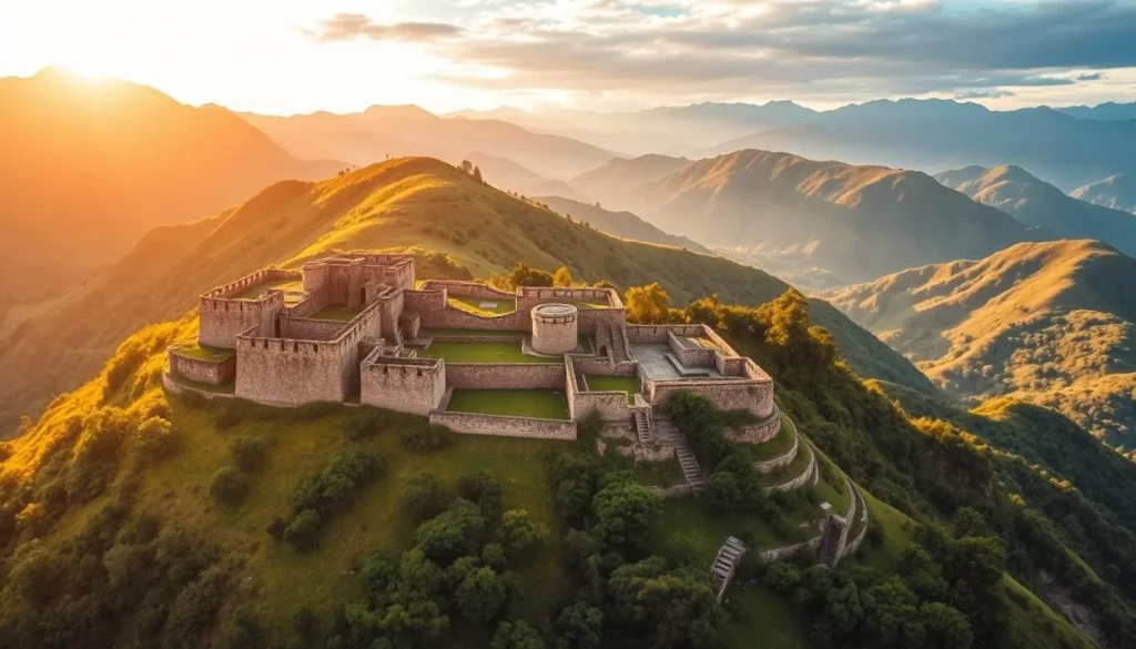 A breathtaking aerial view of the ancient Chachapoyas fortress of Kuelap, nestled atop a lush, verdant mountain ridge in northern Peru. The sun casts a warm, golden glow over the impressive stone walls and cylindrical structures, highlighting the intricate carvings and architectural details. In the foreground, rolling hills and verdant forests create a serene, picturesque landscape, while in the distance, the majestic Andes mountains rise up, framing the scene. The image conveys a sense of tranquility and wonder, inviting the viewer to explore this remarkable archaeological site.